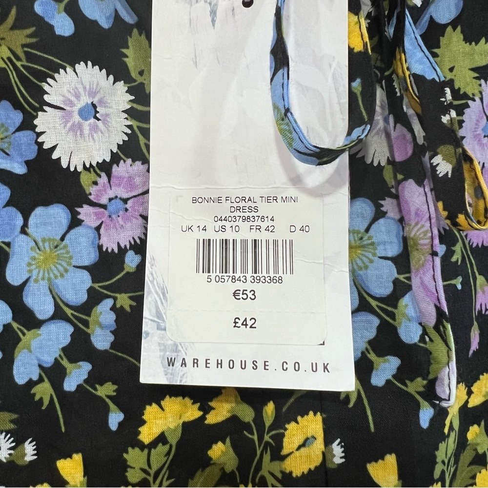 Warehouse Floral Tier Mini Dress Size 10 - Picture 6 of 7